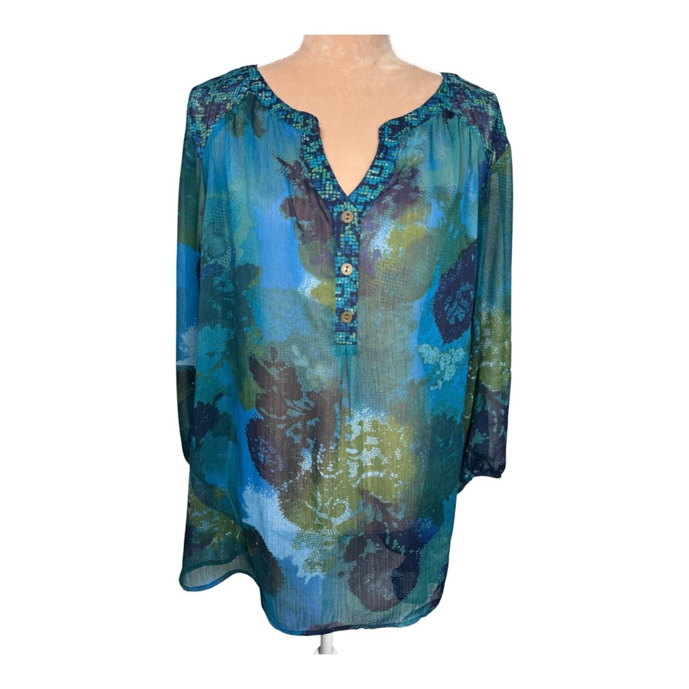 Fig and Flower Womens 2X Top Blue green Pullover V Neck‎ Semi Sheer Coastal Chic